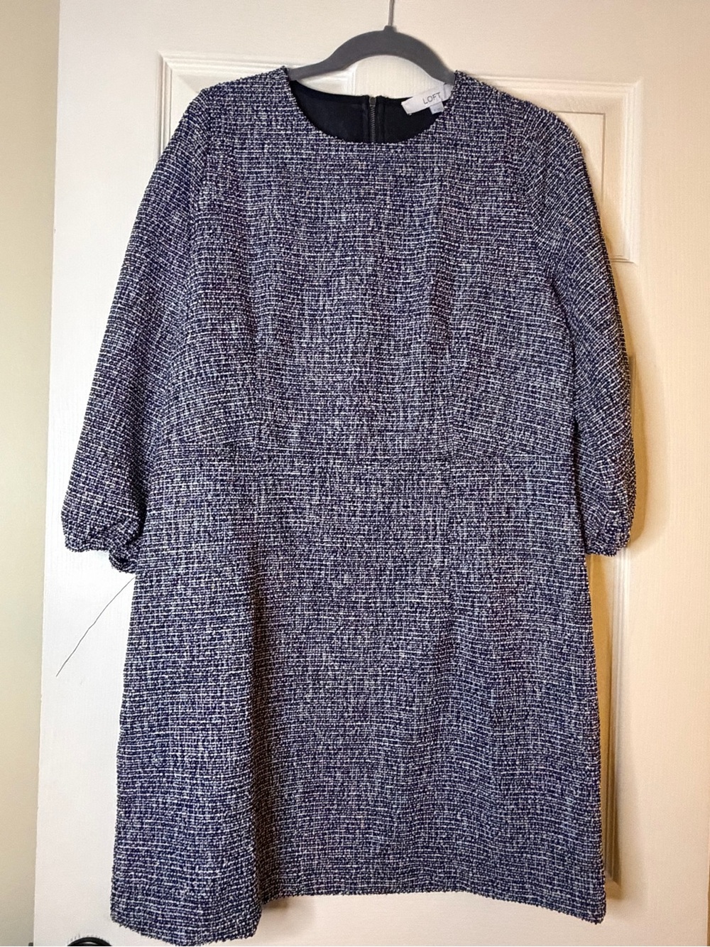 LOFT Navy and White Tweed Long Sleeve Shift Dress